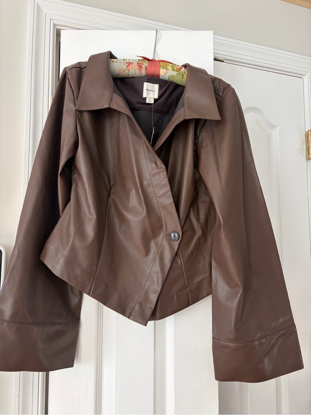 Maeve Chocolate Brown Faux Leather Button-Front Jacket